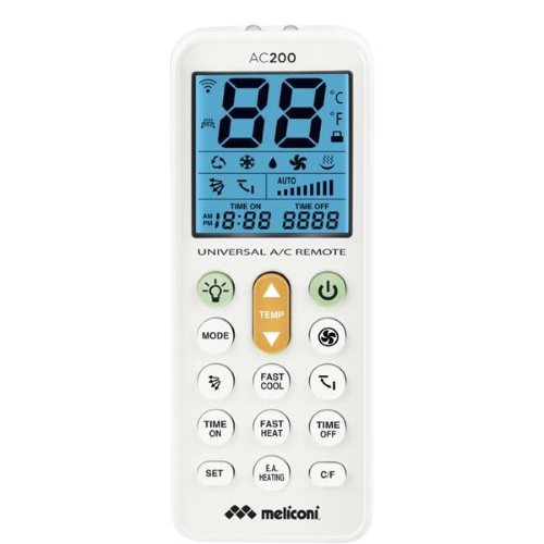 MELICONI AC 200 TELECOMANDO UNIVERSALE PER CONDIZIONATORI/CLIMATIZZATORI COMPATIBILE CON LA MAGGIOR PARTE DEI MARCHI, CON SCHERMO RETROILLUMINATO E FUNZIONE TORCIA, BIANCO